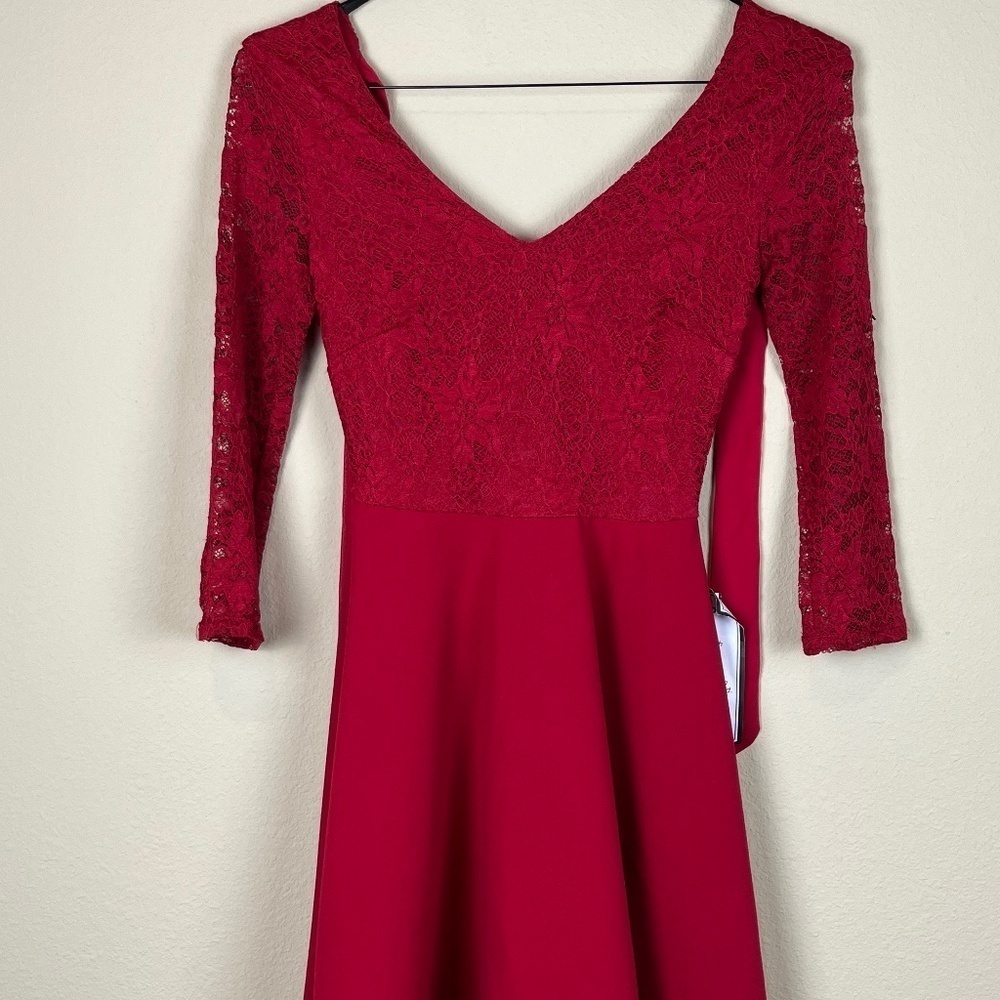 NWT B. Darlin Red A-Line Lace 3/4 Sleeves V Neck Party Dress; Size 1/2